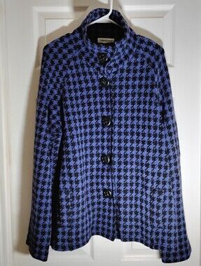 Wool Purple Black Houndstooth Button Up Funnel Neck Coat Coldwater Creek